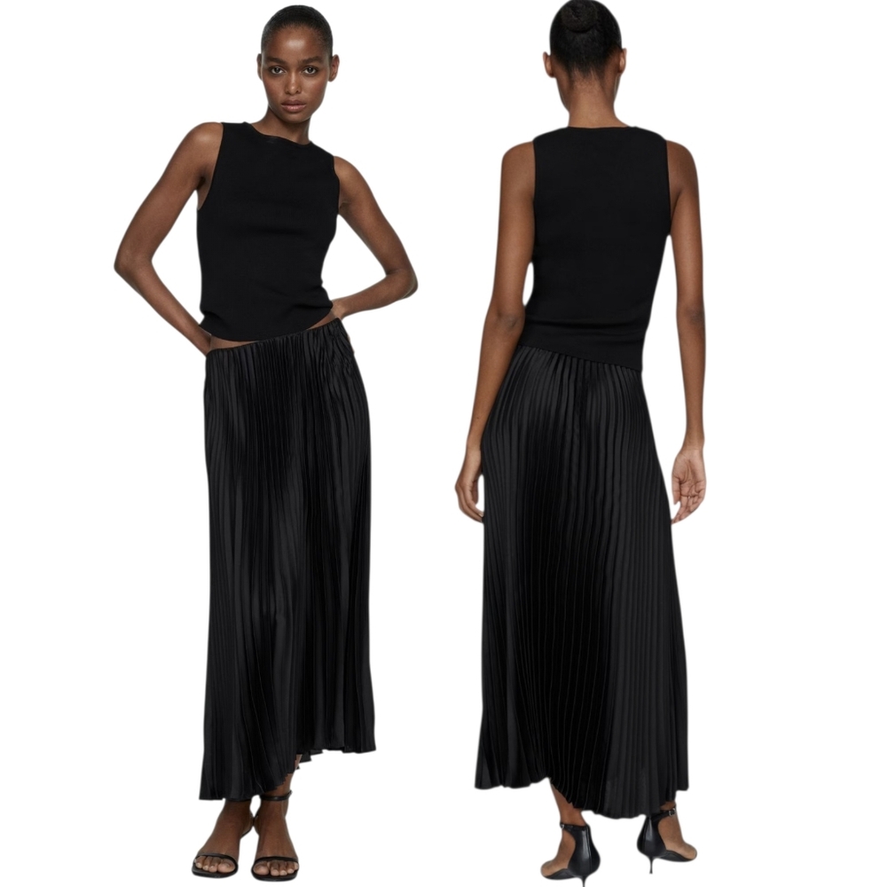 MANGO MNG Black Satin Pleated Midi Skirt Size Medium M